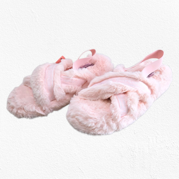 Juicy Couture Pink Faux Fur Slippers Size 8 Crisscross Fluffy Lounge Sandals - Picture 4 of 13